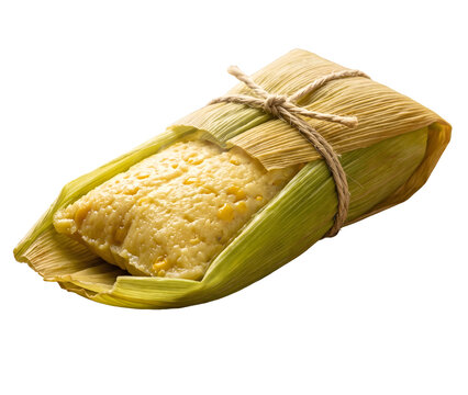Brazilian Pamonha Wrapped in Fresh Green Corn Husk Tied with Jute String, Isolated on Transparent Background &mdash; Traditional Festa Junina Food PNG Cutout