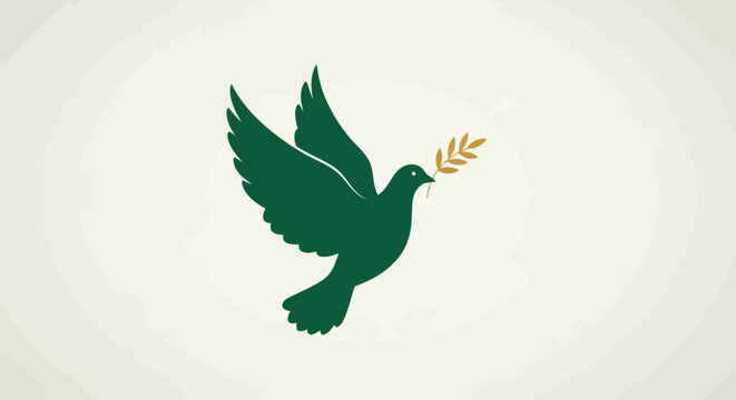 Emblematic representation of universal peace and hope, featuring a serene dove gracefully carrying a symbol of new beginnings and harmony, rendered in a calming green hue
