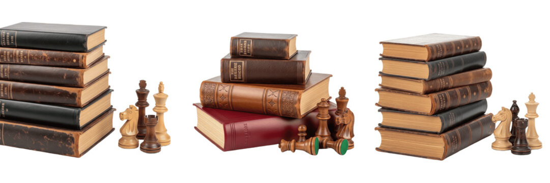 Set and collection of old vintage leather bound books stack antique library history literature element isolated on white transparent png background