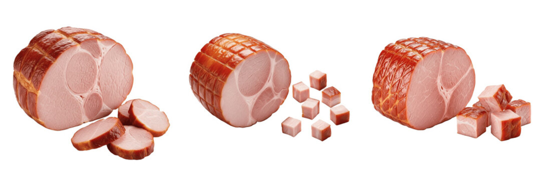 Set and collection of fresh raw sliced ham meat block piece layout gourmet culinary butchery ingredient isolated on white transparent png background
