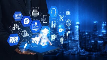 Fototapeta premium Online education icons show e-learning, online education classes, and digital study. Online education enables global online education access, flexible learning. Entice