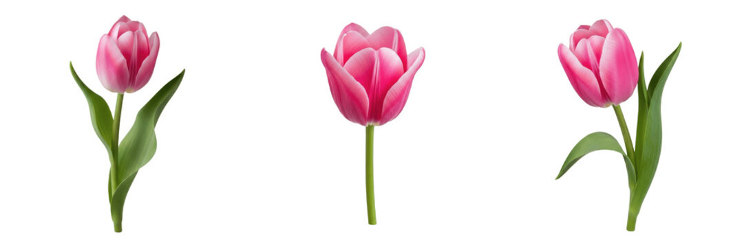 Set and collection of beautiful single fresh blooming pink tulip flower stem romantic spring floral layout isolated on white transparent png background