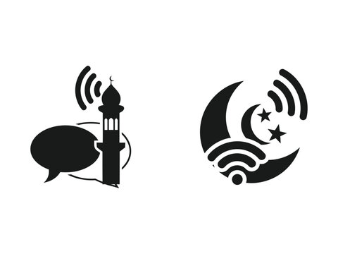 Islamic technology icons set, mosque minaret with wifi signal and speech bubble, crescent moon with wireless connection