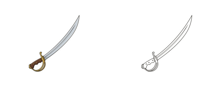 Pirate saber cartoon illustration showing steel curved sword weapon with golden hilt in colored flat design and thin black line style options