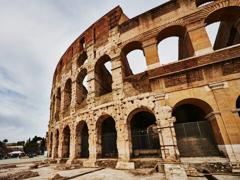 Architectural detail of the Colosseum, completed in 80 AD, the largest ancient amphitheatre ever built, located in the centre of Rome, Italy, Europe 