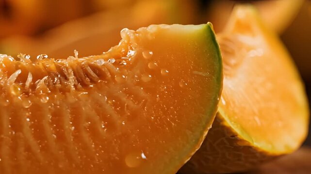 Closeup macro shot of juicy cantaloupe melon slices with water droplets.