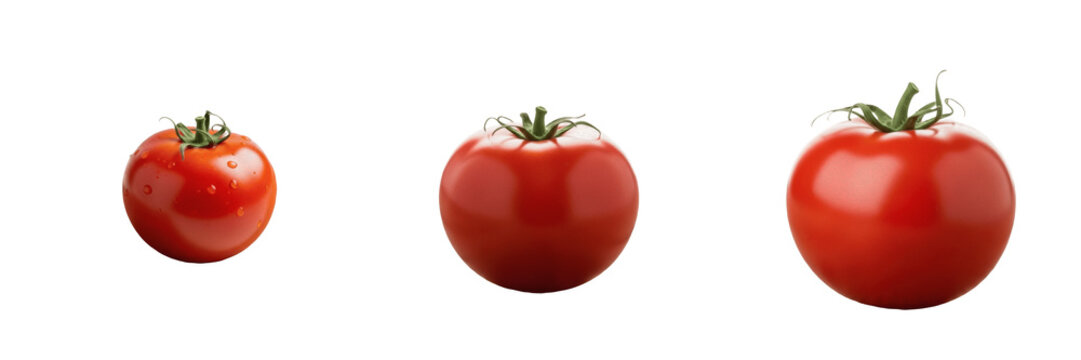 Set and collection of fresh organic ripe red tomato whole raw round vegetable agricultural harvest ingredient isolated on white transparent png background