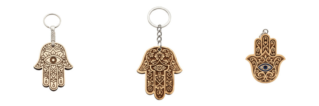 Set and collection of vintage traditional carved wooden hamsa hand keychain souvenir protective amulet symbol isolated on white transparent png background