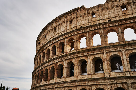 Architectural detail of the Colosseum, completed in 80 AD, the largest ancient amphitheatre ever built, located in the centre of Rome, Italy, Europe 