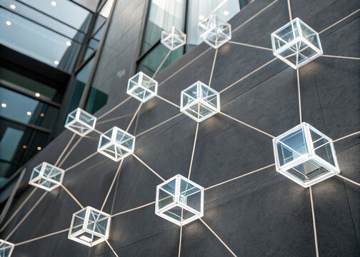 Abstract Blockchain and DeFi Network Concept: Glowing Glass Cubes Connected on Modern Building Facade Symbolizing Big Data, Digital Finance and Technology