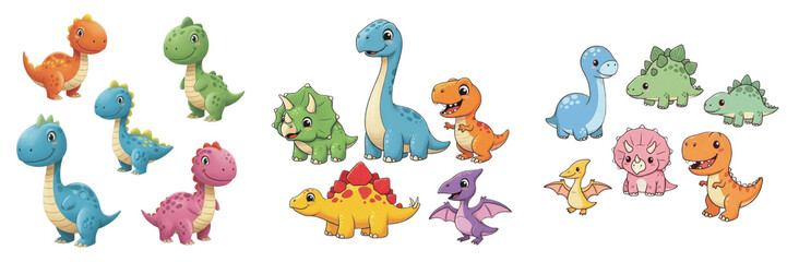 Set and collection of cute colorful cartoon dinosaur characters collection set including T-Rex triceratops and pterodactyl isolated on white transparent png background © Ready player