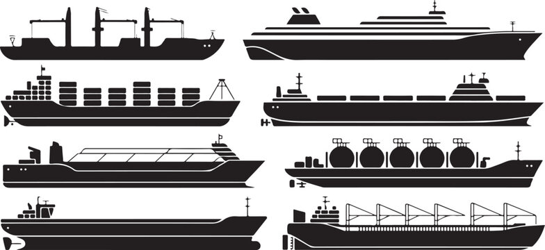 ship silhouette cargo container tanker cruise vessel icons set diagrams