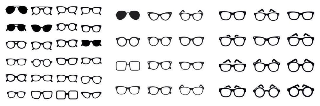 Set and collection of massive collection grid of classic fashion eyeglasses and sunglasses frames variety set for optics store layout isolated on white transparent png background