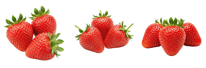 Set and collection of fresh sweet red strawberries group arrangement isolated on white transparent png background © Ready player