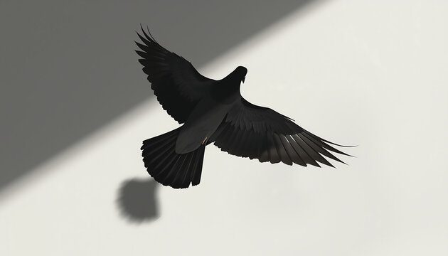 Black bird flies gracefully against a stark white backdrop creating a sharp contrast for projects.