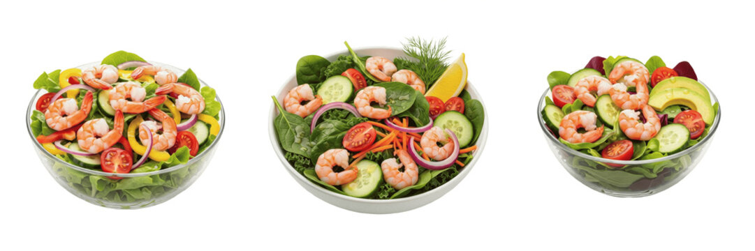 Set and collection of fresh organic seafood salad bowl with shrimp prawns and vegetables isolated on white transparent png background