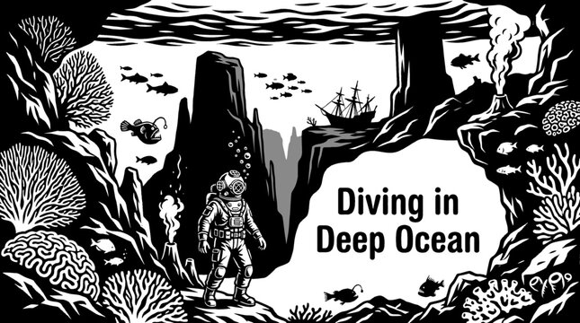 diver exploring the deep ocean alone representing black and white vector underwater adventure and extreme water sport