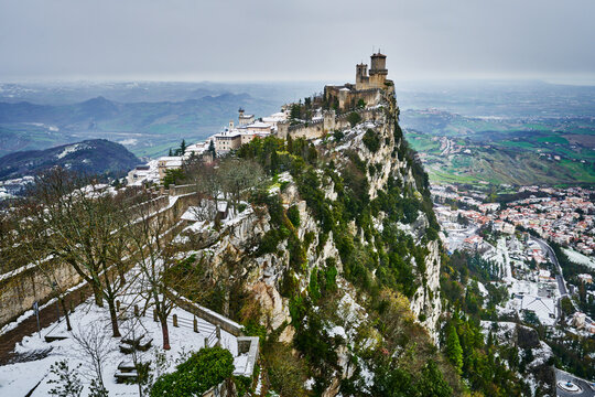 The Guaita Fortress (11th century), the oldest and most famous of the three towers located atop Monte Titano in San Marino, Europe
