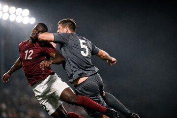 Naklejka premium Violent Soccer Foul During Match As Player Strikes Opponent In Mid Air Challenge Under Stadium Lights. Football World Cup Concept. Soccer World Cup Concept With Copy Space.