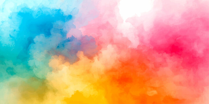 An abstract colorful watercolor background with a vintage grunge texture featuring vibrant swirls of orange, yellow, and red paint that resemble a fiery smoke cloud on pastel paper backdrop