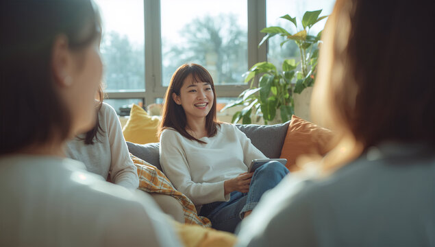 明るいリビングで日本人女性の友人たちが笑顔で会話する写真