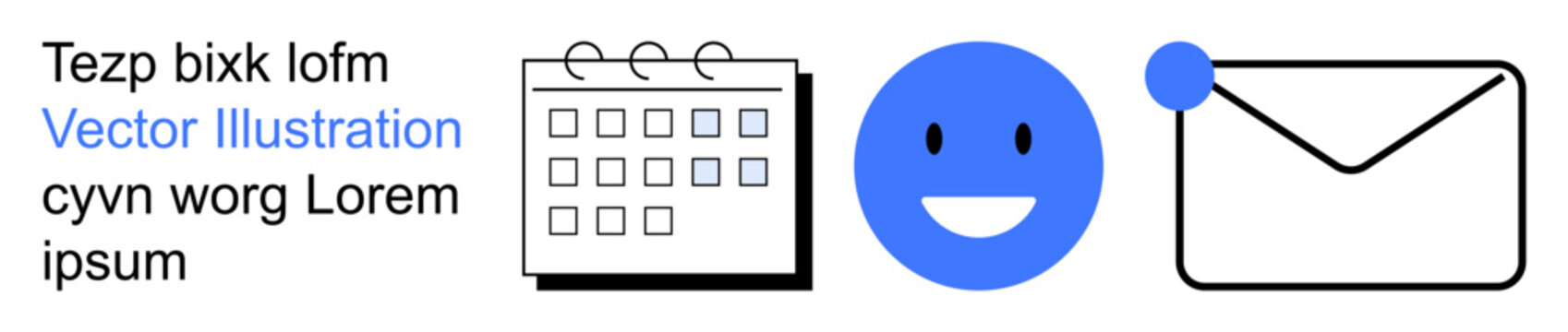 Time management, email communication, planning, productivity, digital tools, emotional expression. Icons feature a calendar, happy face envelope. Time management and email communication concept