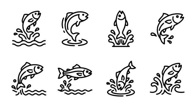 Jumping Fish Icons, Aquatic Life Vector Set, Seafood and Fishing Graphics