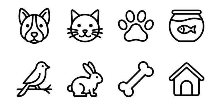 Pet Icons Set: Dog, Cat, Bird, Rabbit, Paw, Bone, Fish Bowl, Dog House