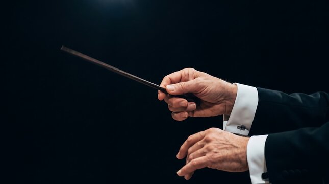 Close-up of a conductor's hands gesturing with a baton against a dark, atmospheric background, evoking a sense of drama and artistic control