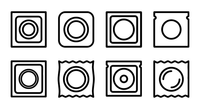 Condom Packaging Icons, Safe Sex Symbols, Health Care Graphics, Vector Set