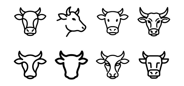 Cow Icons Set: Diverse Cattle Head Illustrations, Farm Animal Graphics, Livestock Vector Art