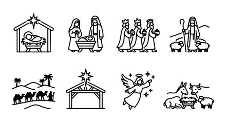 Obraz premium Nativity Scene Icons, Christmas Story Vector Graphics, Religious Holiday Symbols, Bethlehem Elements