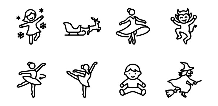 Vector Icons: Ballet Dancers, Christmas Sleigh, Devil, Child, Witch, Snowflakes
