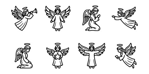 Fototapeta premium Angel Icons Set, Heavenly Beings, Religious Symbols, Spiritual Figures, Vector Graphics