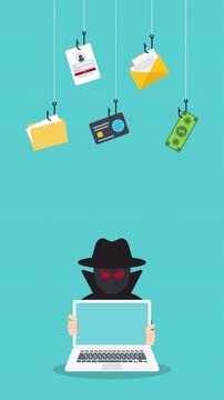Hacker with laptop computer stealing confidential data, personal information and credit card detail. Hacking concept.