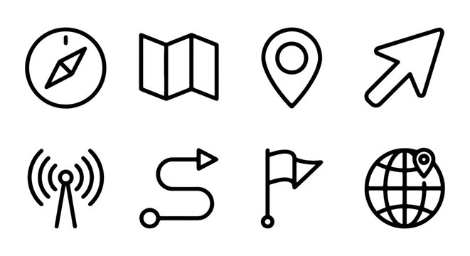 Navigation Icons: Compass, Map, Pin, Route, Globe, Signal, Pointer