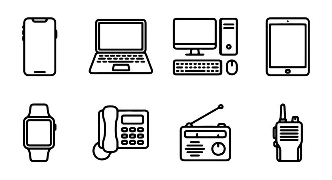 Technology Icons Set: Smartphone, Laptop, Computer, Tablet, Smartwatch, Phone, Radio, Walkie Talkie