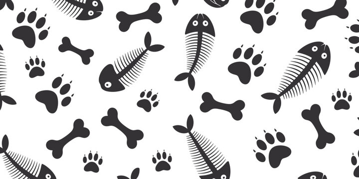 animal paw print seamless pattern featuring cat and dog footprints, fish skeleton and bone background with cartoon black silhouette shapes.