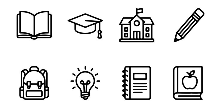 Education Icons Set: School, Books, Graduation Cap, Pencil, Backpack, Lightbulb