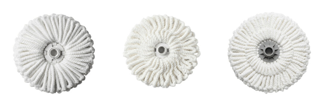 Set of White Circular Microfiber Spin Mop Replacement Head, Isolated on Transparent Background
