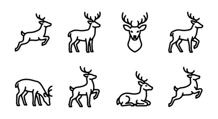 Deer Icons Set, Wildlife Animal Vector Graphics, Forest Creature Line Art Collection © NABILA