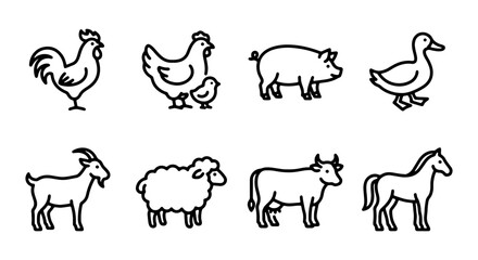 Fototapeta premium Farm Animal Icons Set, Livestock Vector Graphics, Cute Barnyard Creatures Collection