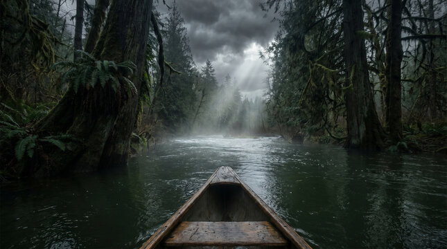 Point of view from a wooden canoe paddling down a misty river surrounded by tall mossy trees under a dramatic stormy sky