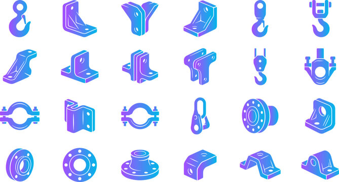Industrial hardware icons featuring hooks brackets flanges couplings gears and specialized parts.