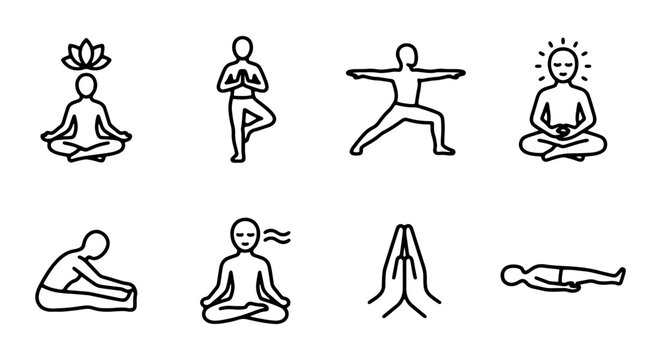 Yoga Poses Icons Set, Meditation Figures, Wellness Line Art Collection