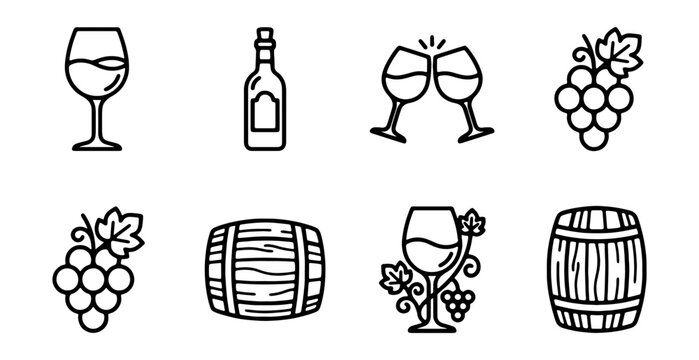 Wine Icons Set: Glasses, Bottles, Grapes, Barrels, Toasting Celebration Vector