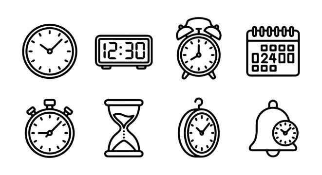 Time Icons Set: Clocks, Calendar, Stopwatch, Hourglass, Alarm Bell