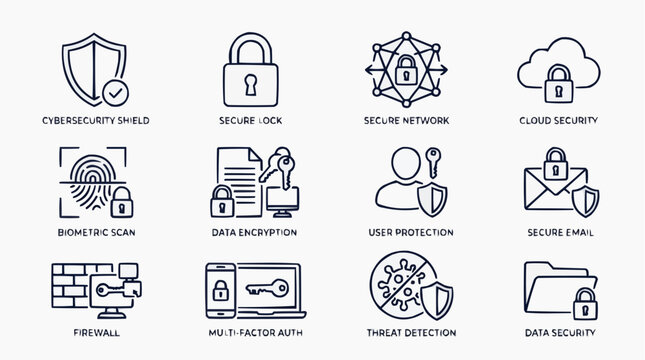 Cybersecurity Icons Set: A collection of modern line art icons representing various aspects of digital security, including firewalls, data encryption, cloud security, and biometric scans.