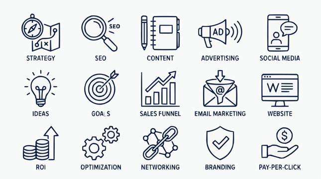 Digital Marketing Icons: A clean collection of minimalist icons representing key digital marketing concepts like strategy, SEO, content, advertising, social media, ideas, goals, sales funnel.