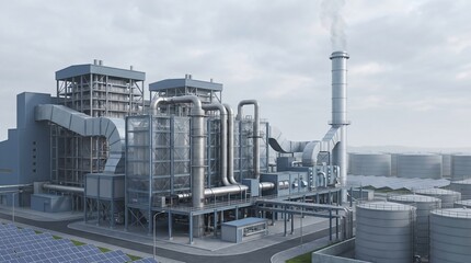 Obraz premium Realistic 3D render of a carbon capture industrial facility with metal pipelines, storage tanks, smokestack emissions and solar panels, clean technology and emissions reduction concept.
